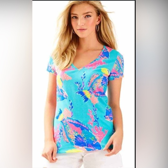 Lilly Pulitzer Michelle V-Neck top schorely blue and pink - Picture 1 of 15